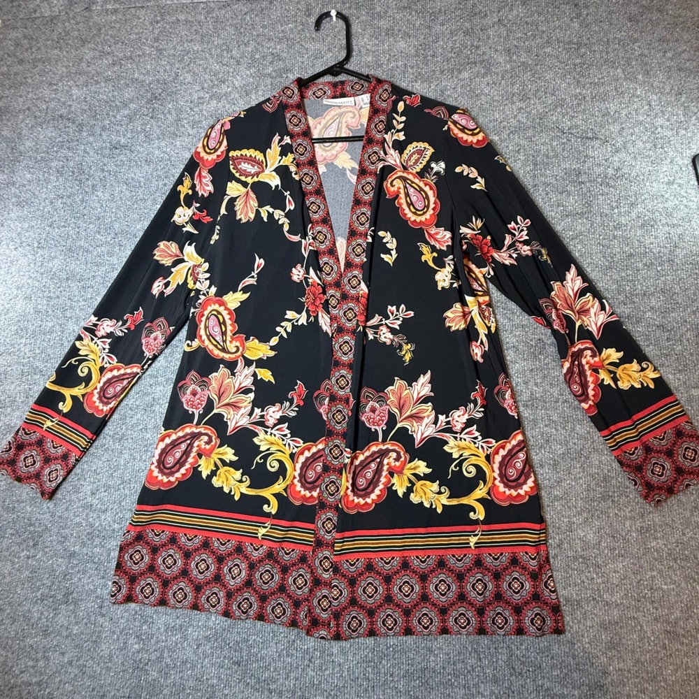Susan Graver Womens Medium Paisley Floral Open Front Cardigan Black Red Gold